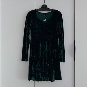Green crushed velvet skater dress